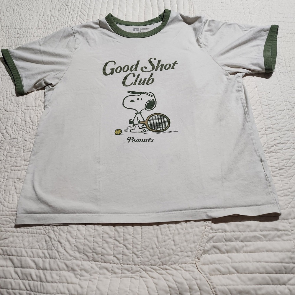 Uniqlo UT Peanuts Snoopy Good Shot Club Tennis Ringer T-Shirt White Green L